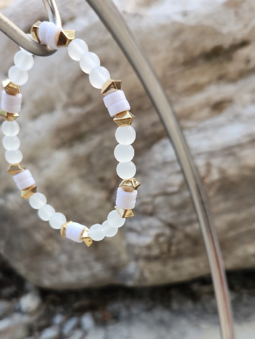 Deatiled Beaded Bracelet Set Gold Toned Metal Owl Heart Dangles Opaque White - Picture 9 of 12